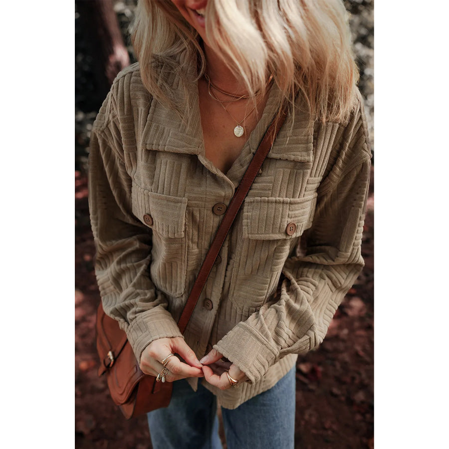 Textured Pocketed Collared Neck Long Sleeve Shacket Apparel and Accessories