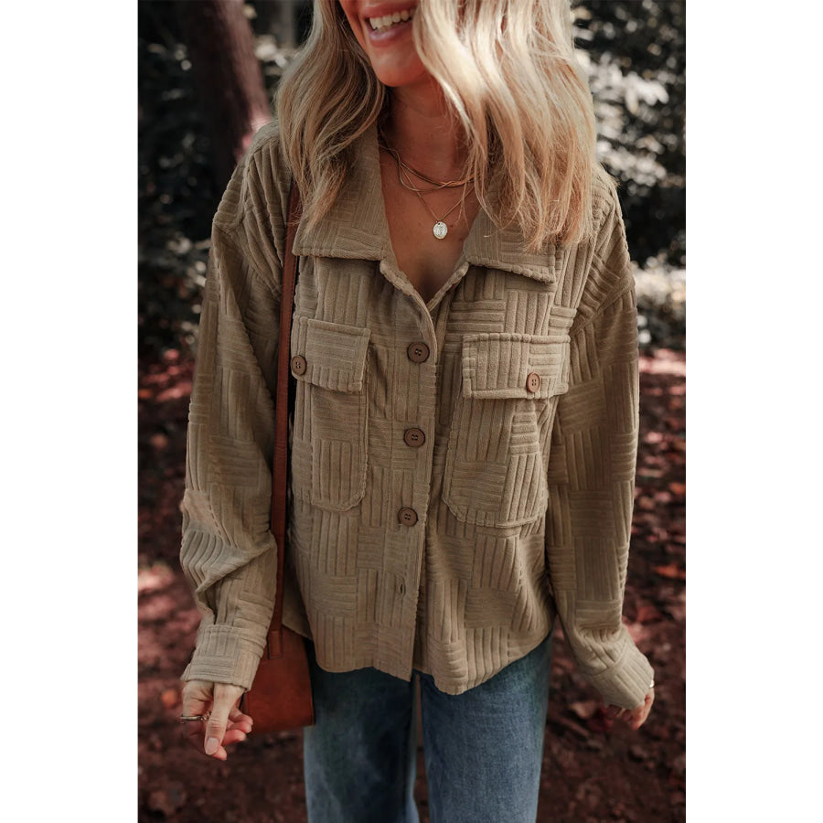 Textured Pocketed Collared Neck Long Sleeve Shacket Taupe / S Apparel and Accessories