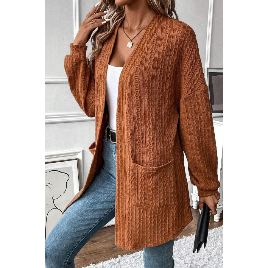 Textured Pocketed Open Front Long Sleeve Cover Up Apparel and Accessories