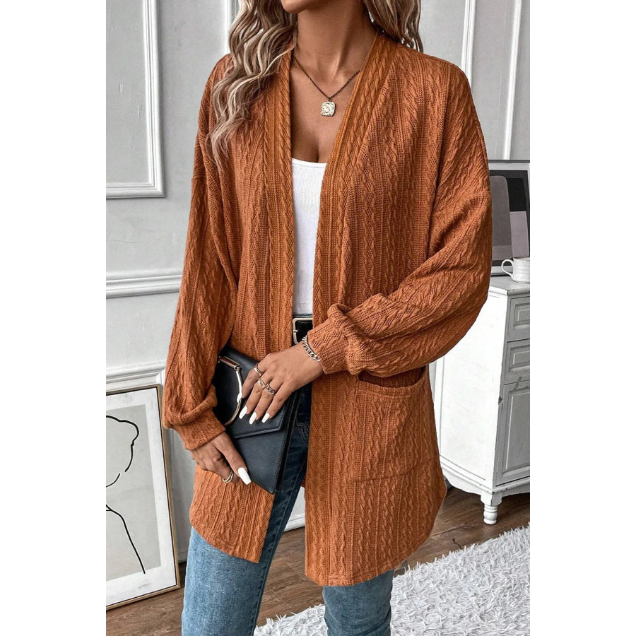 Textured Pocketed Open Front Long Sleeve Cover Up Apparel and Accessories