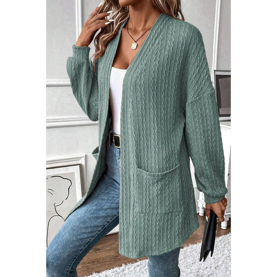 Textured Pocketed Open Front Long Sleeve Cover Up Apparel and Accessories