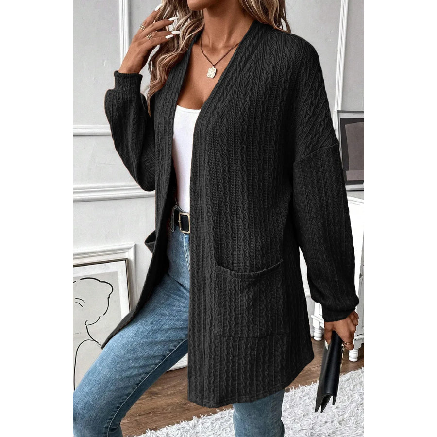 Textured Pocketed Open Front Long Sleeve Cover Up Apparel and Accessories