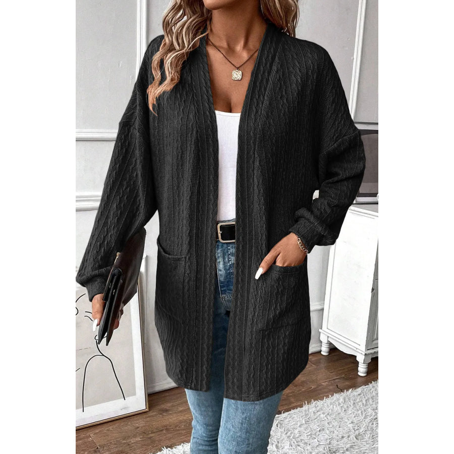 Textured Pocketed Open Front Long Sleeve Cover Up Black / S Apparel and Accessories