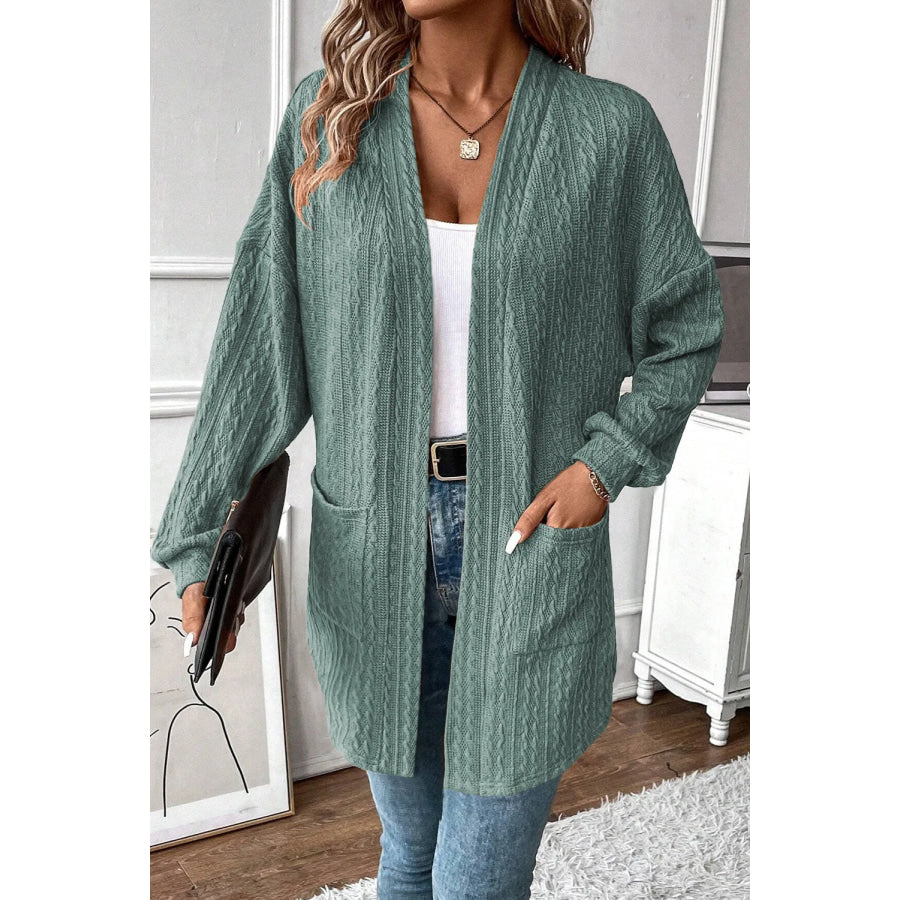 Textured Pocketed Open Front Long Sleeve Cover Up Sage / S Apparel and Accessories