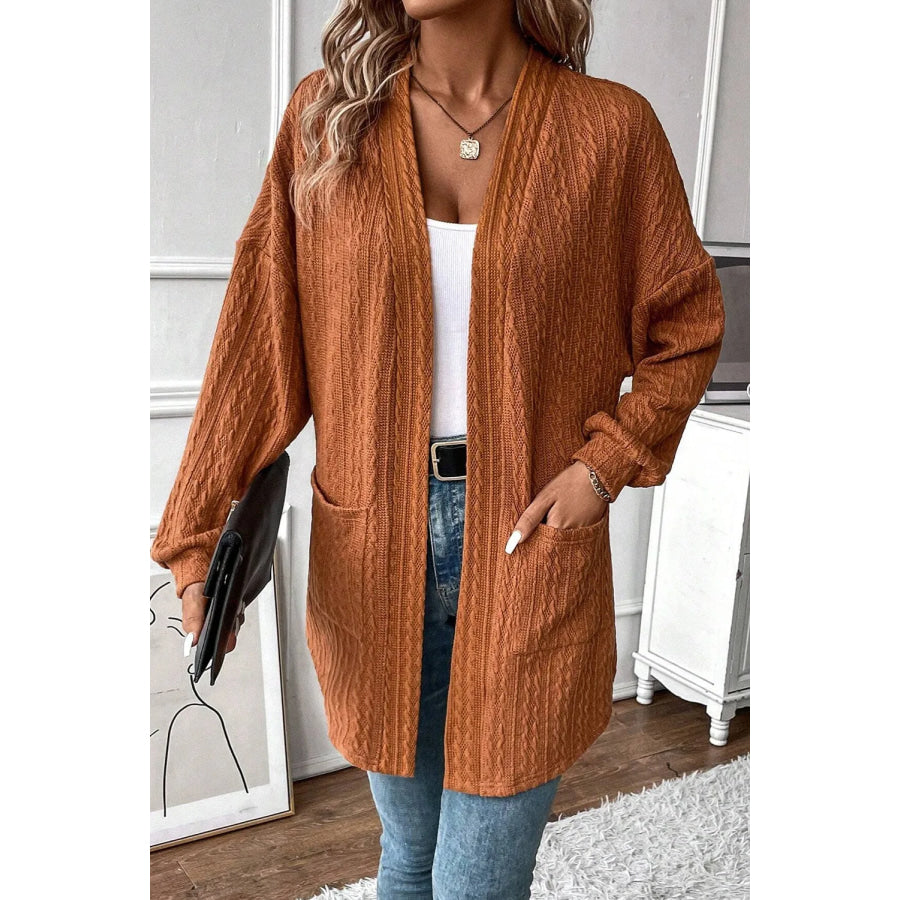 Textured Pocketed Open Front Long Sleeve Cover Up Terracotta / S Apparel and Accessories