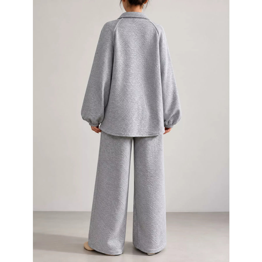 Textured Polo Collar Top and Wide-Leg Pants Set Apparel Accessories