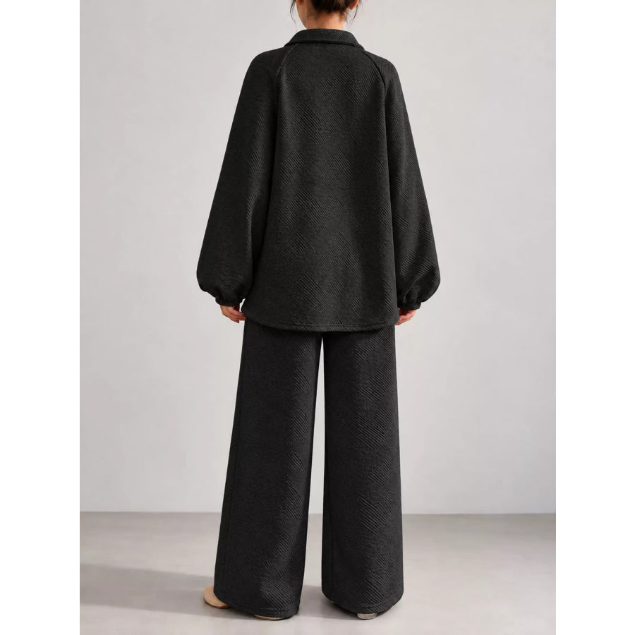 Textured Polo Collar Top and Wide-Leg Pants Set Apparel Accessories