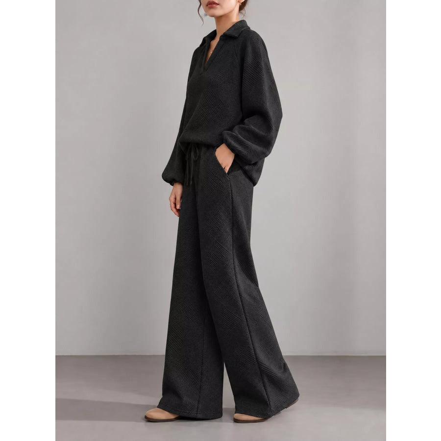 Textured Polo Collar Top and Wide-Leg Pants Set Apparel Accessories