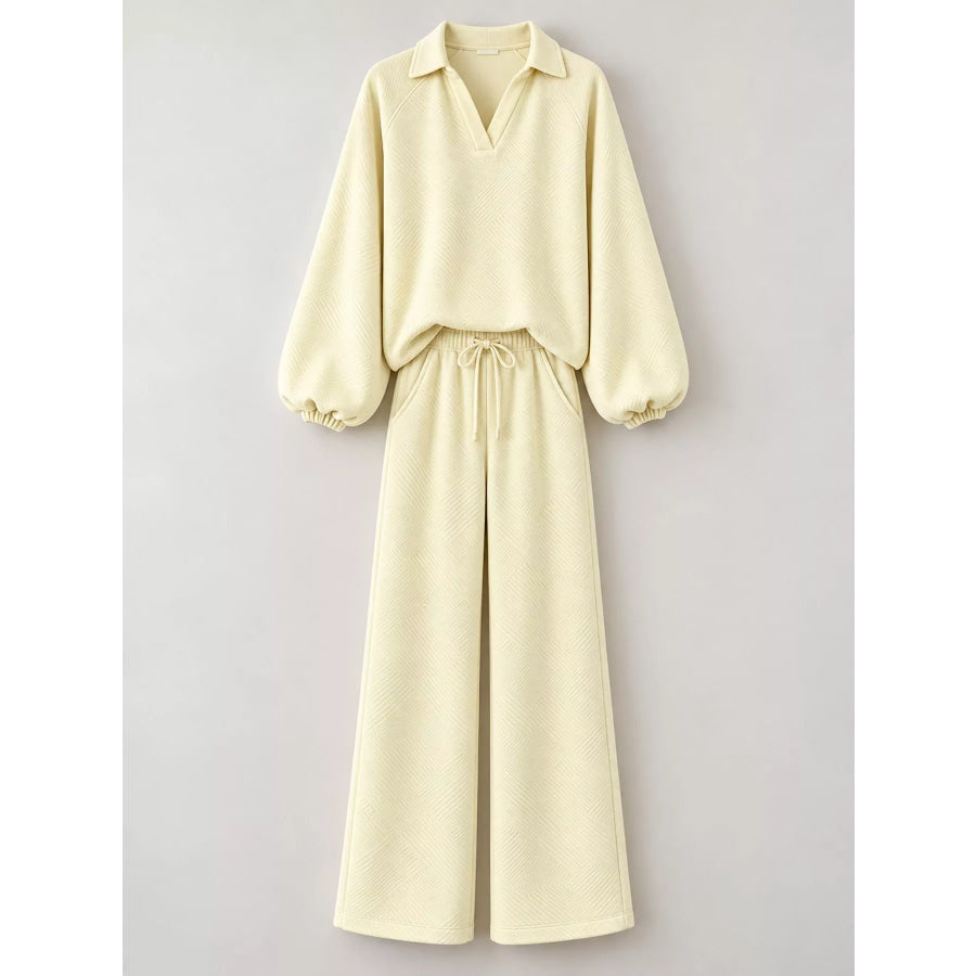 Textured Polo Collar Top and Wide-Leg Pants Set Apparel Accessories