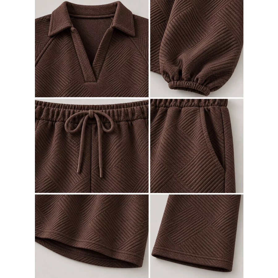 Textured Polo Collar Top and Wide-Leg Pants Set Apparel Accessories