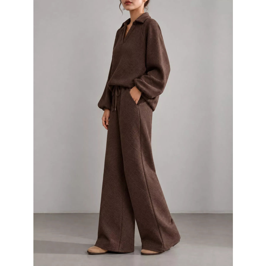 Textured Polo Collar Top and Wide-Leg Pants Set Apparel Accessories