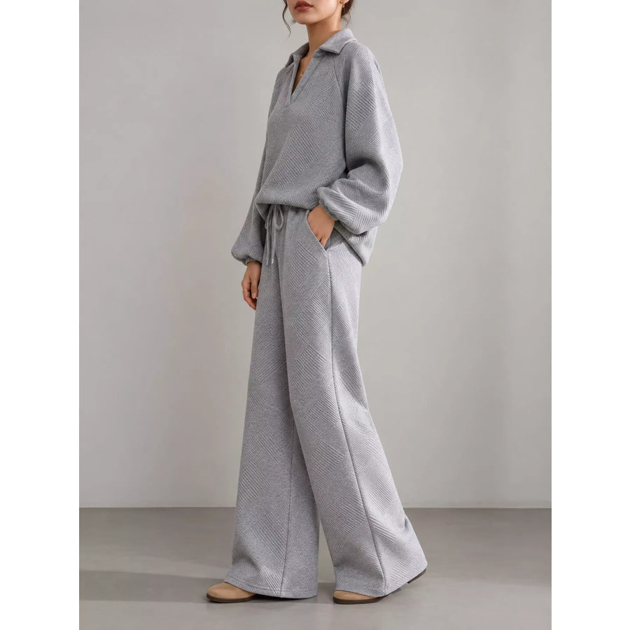 Textured Polo Collar Top and Wide-Leg Pants Set Apparel Accessories