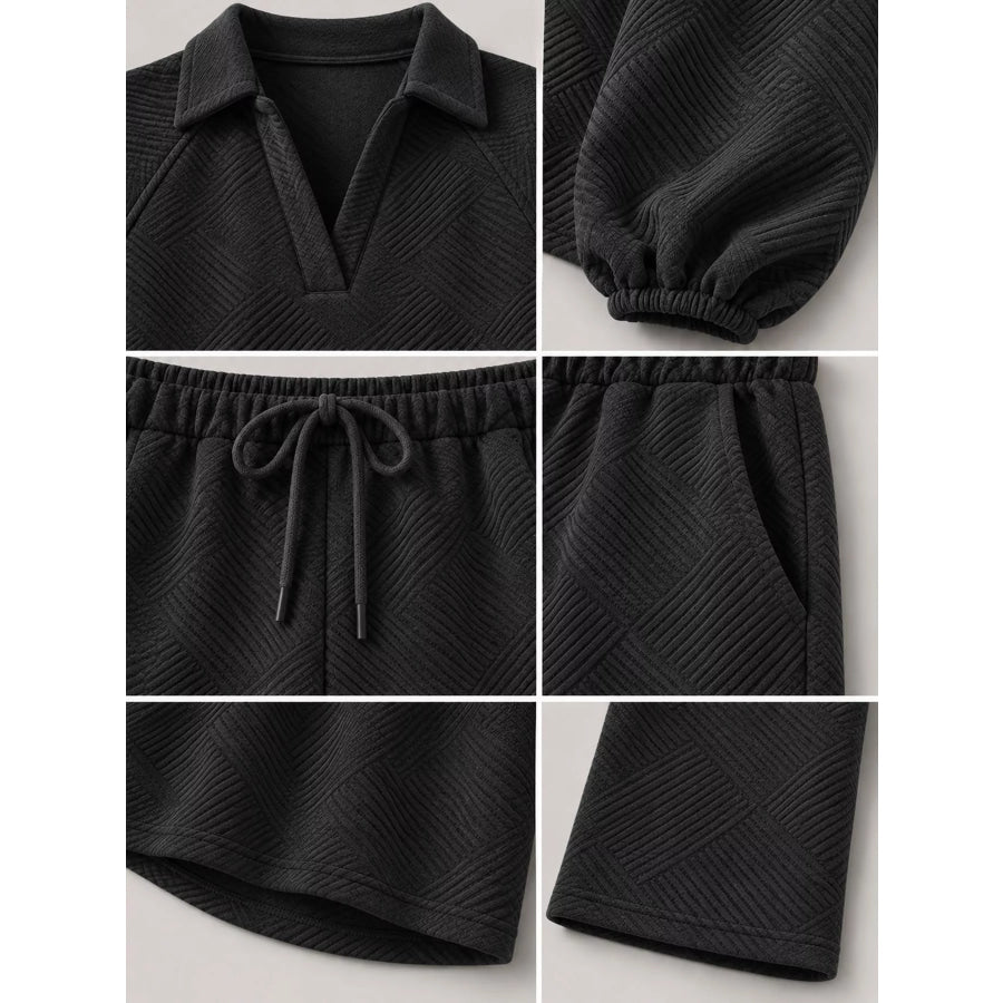 Textured Polo Collar Top and Wide-Leg Pants Set Apparel Accessories