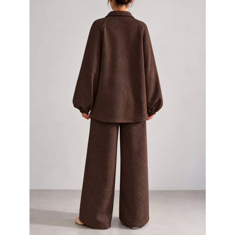 Textured Polo Collar Top and Wide-Leg Pants Set Apparel Accessories