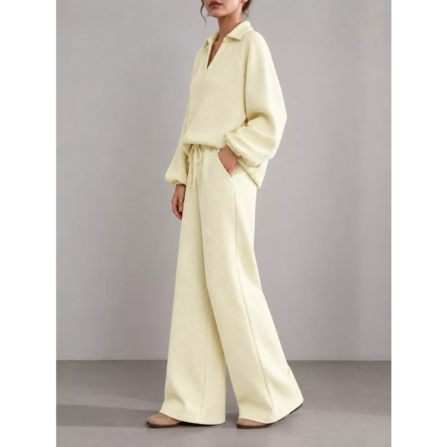 Textured Polo Collar Top and Wide-Leg Pants Set Apparel Accessories