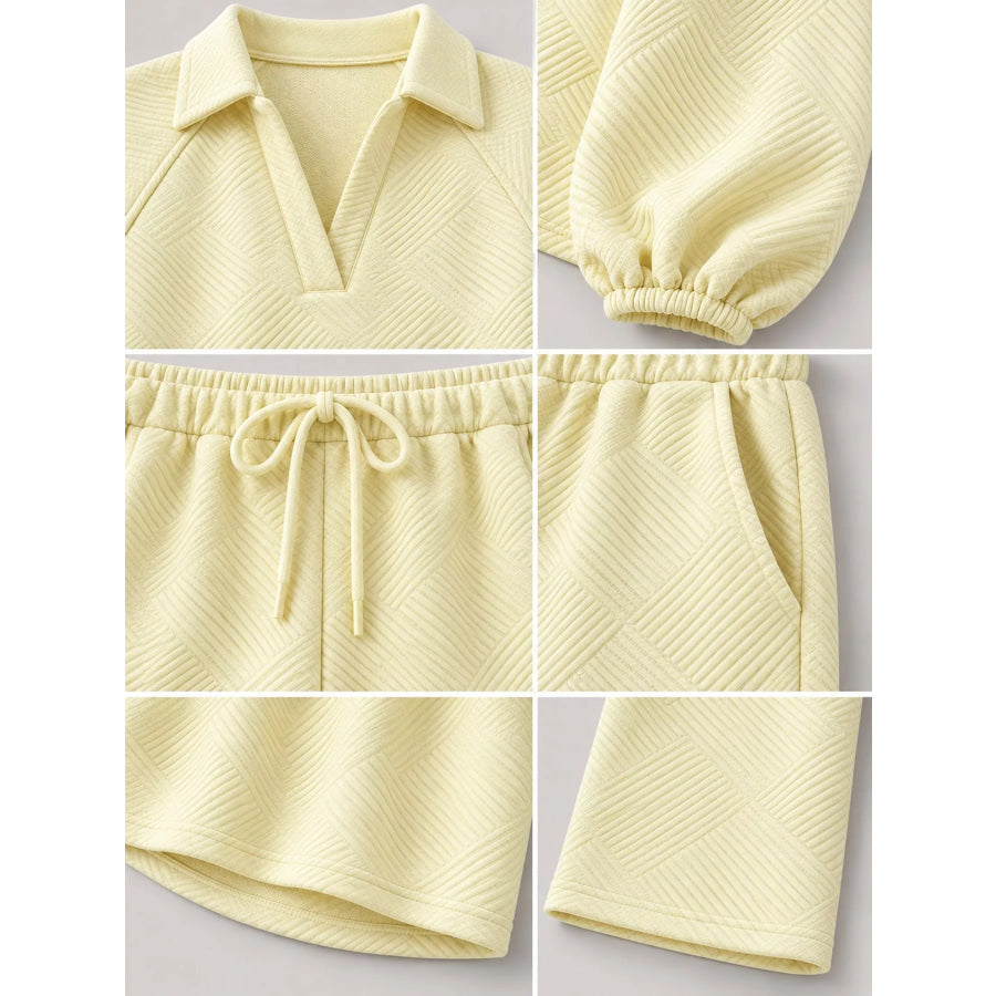 Textured Polo Collar Top and Wide-Leg Pants Set Apparel Accessories