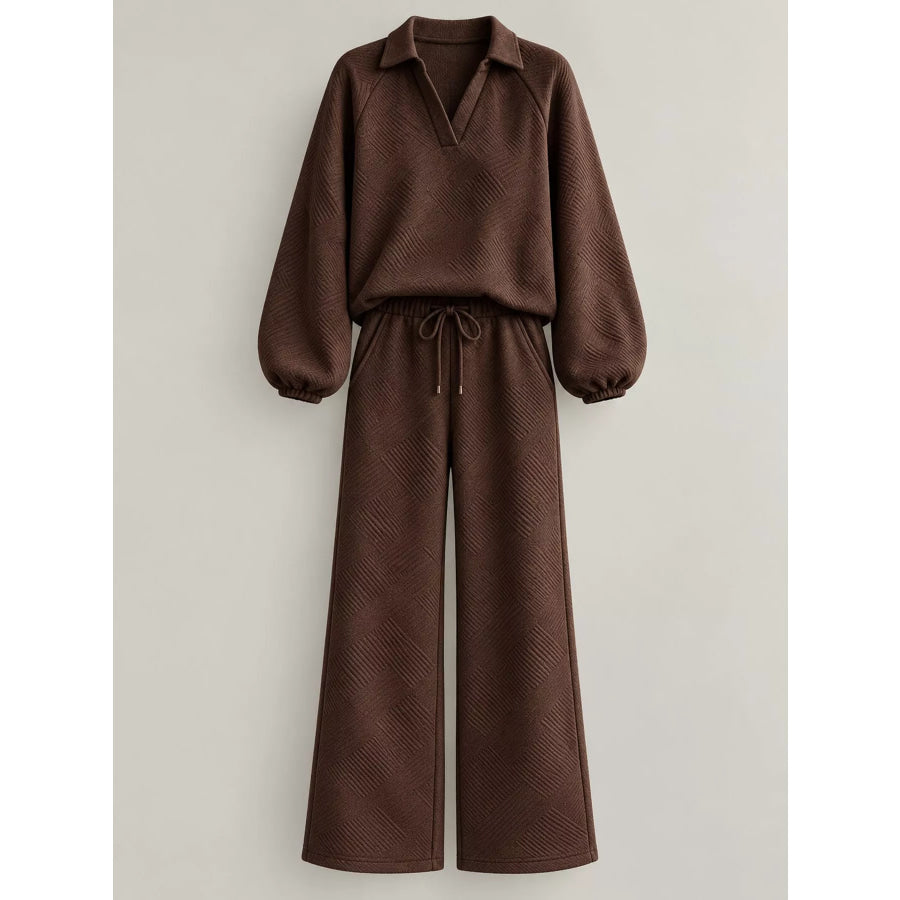 Textured Polo Collar Top and Wide-Leg Pants Set Apparel Accessories