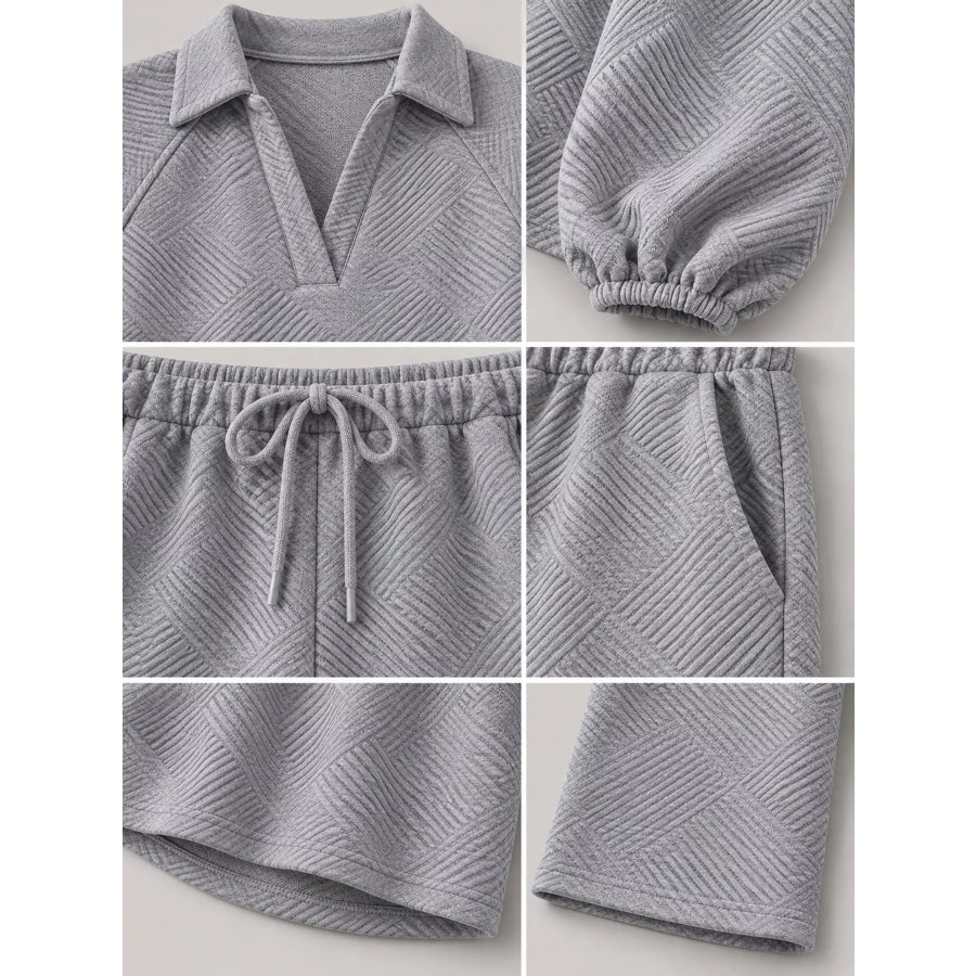 Textured Polo Collar Top and Wide-Leg Pants Set Apparel Accessories