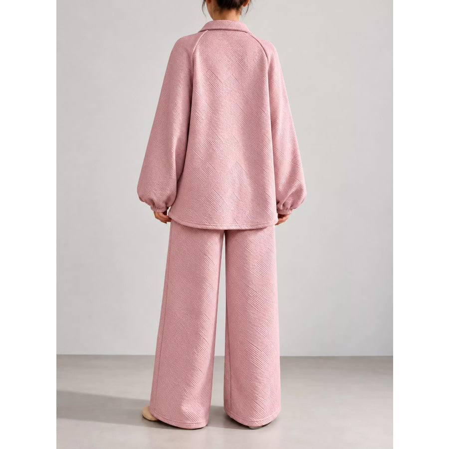 Textured Polo Collar Top and Wide-Leg Pants Set Apparel Accessories