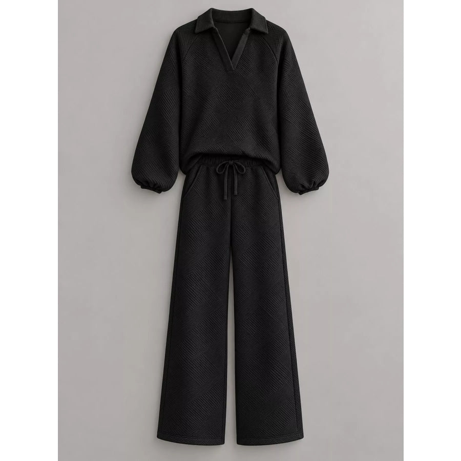 Textured Polo Collar Top and Wide-Leg Pants Set Apparel Accessories