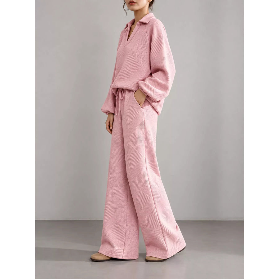 Textured Polo Collar Top and Wide-Leg Pants Set Apparel Accessories