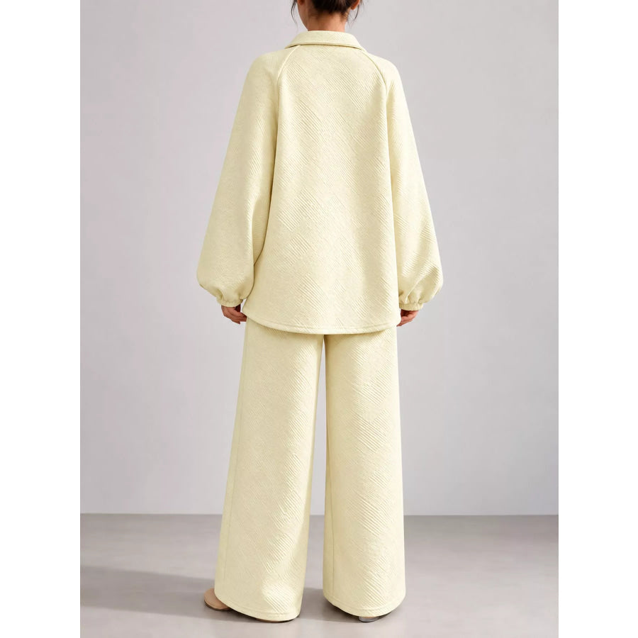 Textured Polo Collar Top and Wide-Leg Pants Set Apparel Accessories