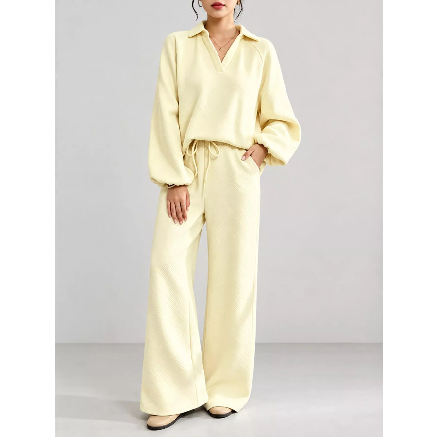 Textured Polo Collar Top and Wide-Leg Pants Set Apricot / S Apparel Accessories