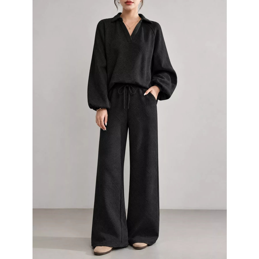 Textured Polo Collar Top and Wide-Leg Pants Set Black / S Apparel Accessories