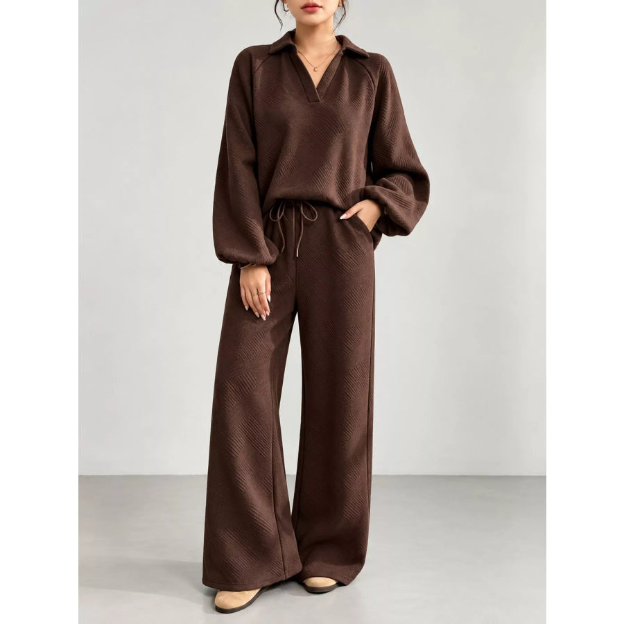 Textured Polo Collar Top and Wide-Leg Pants Set Coffee / S Apparel Accessories