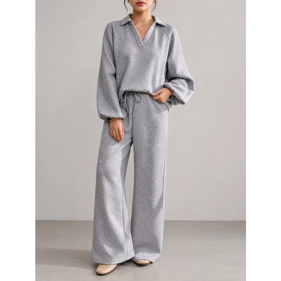 Textured Polo Collar Top and Wide-Leg Pants Set Light Gray / S Apparel Accessories