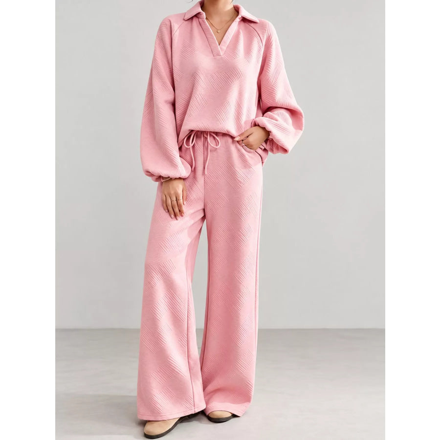 Textured Polo Collar Top and Wide-Leg Pants Set Pink / S Apparel Accessories
