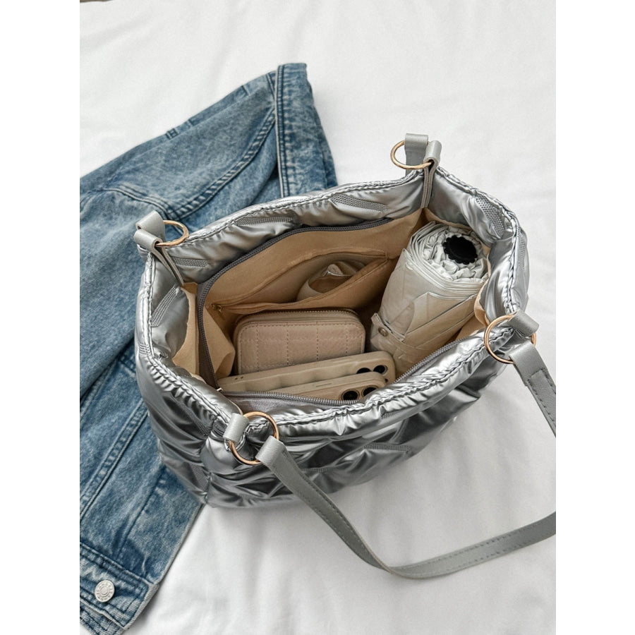 Textured Polyester Shoulder Bag Silver / One Size Apparel and Accessories