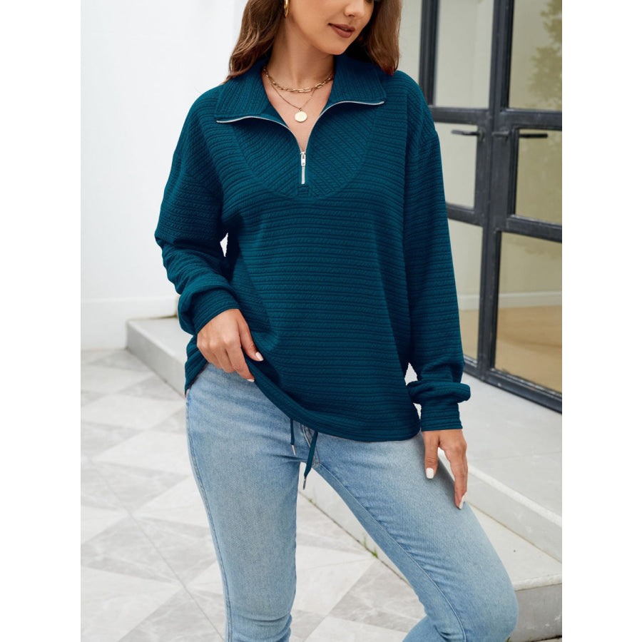 Textured Quarter Zip Long Sleeve Sweatshirt Apparel and Accessories