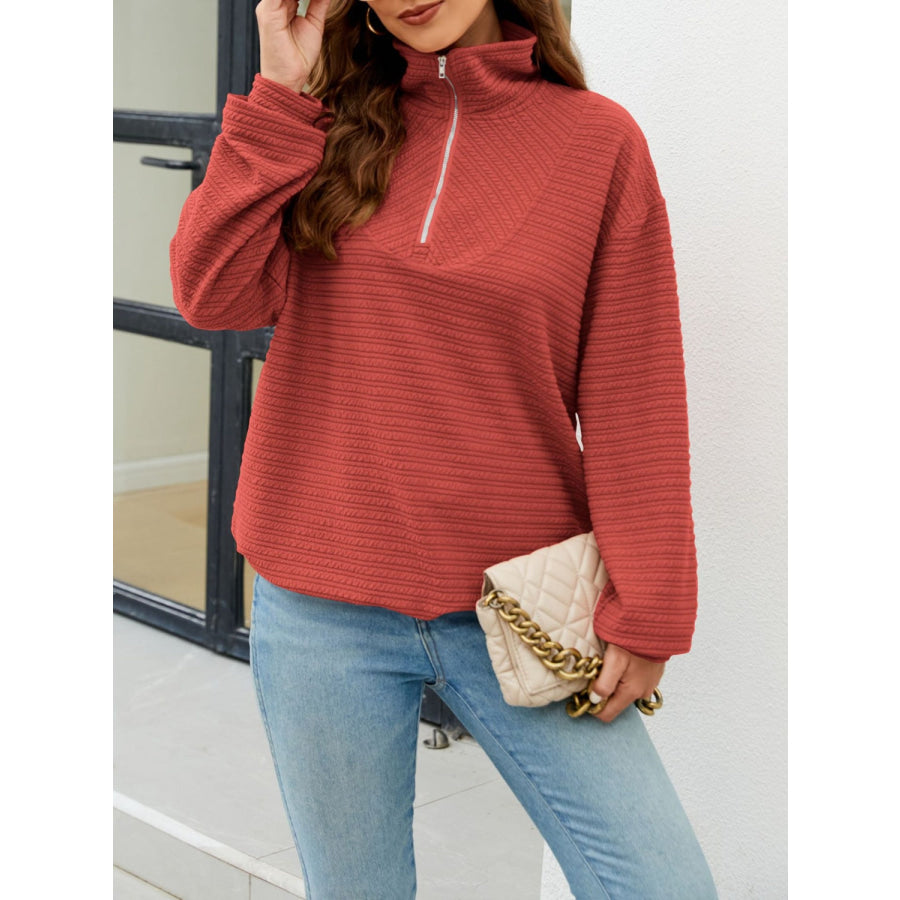 Textured Quarter Zip Long Sleeve Sweatshirt Apparel and Accessories