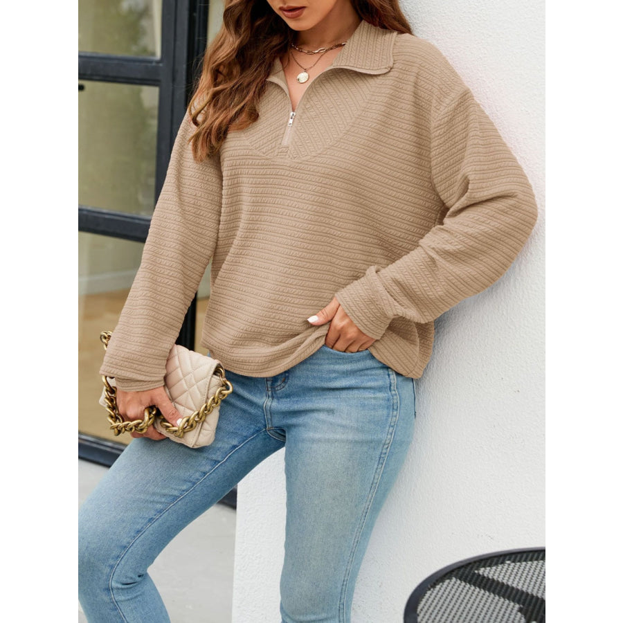 Textured Quarter Zip Long Sleeve Sweatshirt Apparel and Accessories