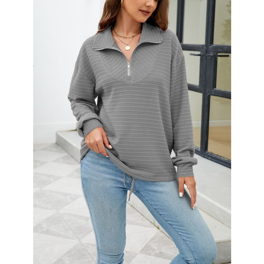 Textured Quarter Zip Long Sleeve Sweatshirt Apparel and Accessories