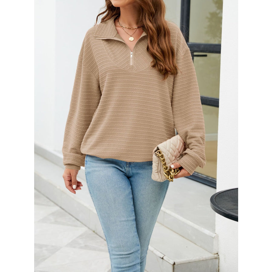 Textured Quarter Zip Long Sleeve Sweatshirt Apparel and Accessories