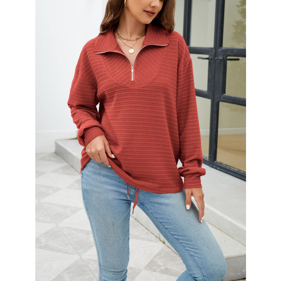 Textured Quarter Zip Long Sleeve Sweatshirt Apparel and Accessories