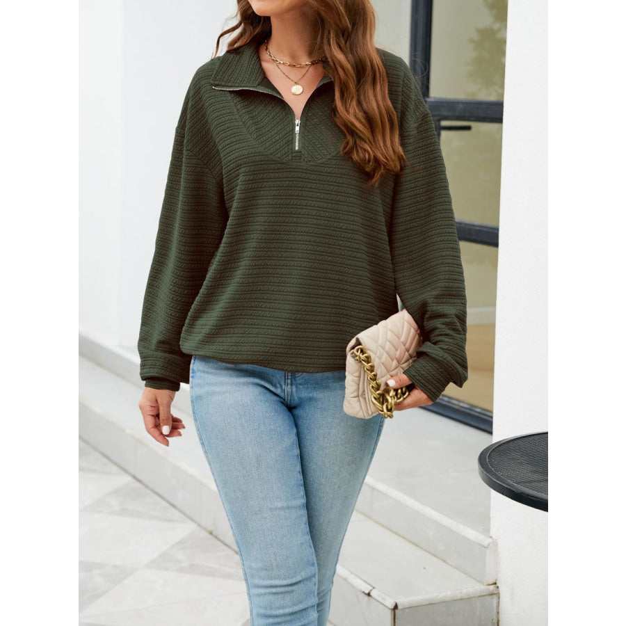 Textured Quarter Zip Long Sleeve Sweatshirt Army Green / S Apparel and Accessories