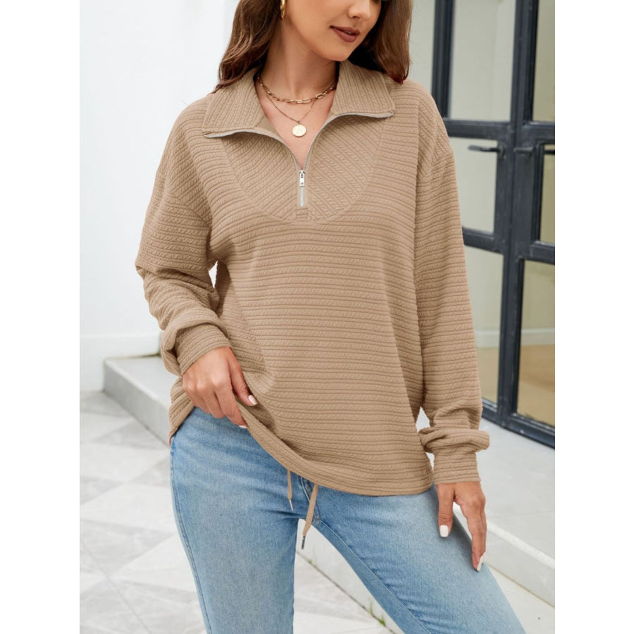 Textured Quarter Zip Long Sleeve Sweatshirt Camel / S Apparel and Accessories