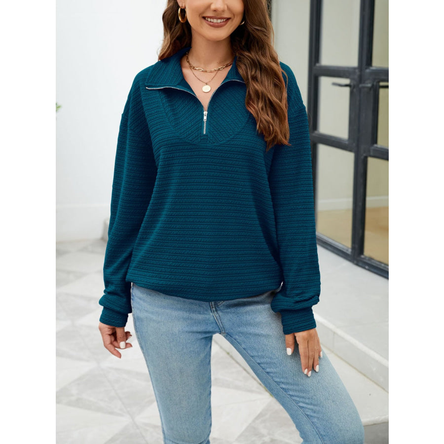 Textured Quarter Zip Long Sleeve Sweatshirt Deep Teal / S Apparel and Accessories