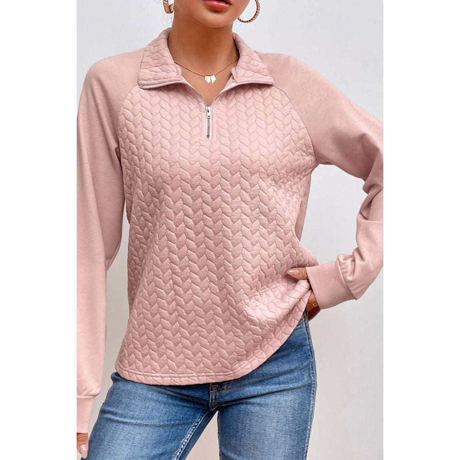 Textured Quarter Zip Long Sleeve Sweatshirt Dusty Pink / S Apparel and Accessories