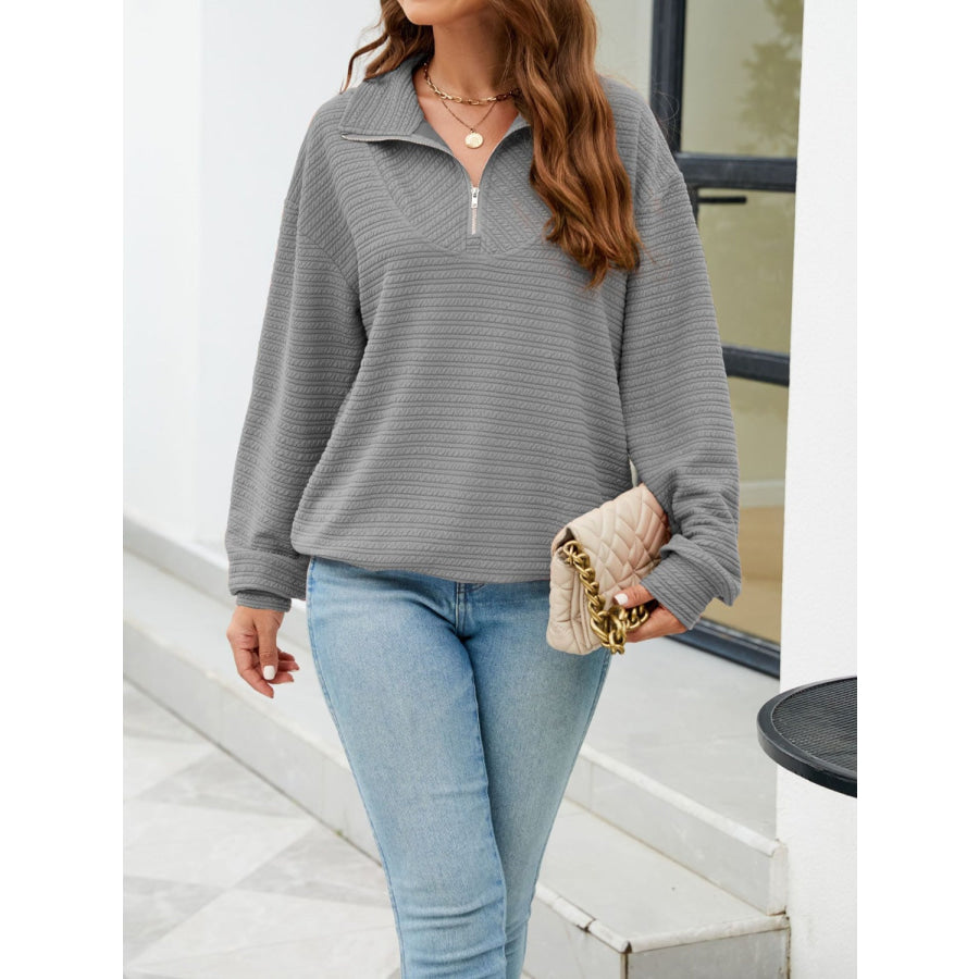 Textured Quarter Zip Long Sleeve Sweatshirt Gray / S Apparel and Accessories