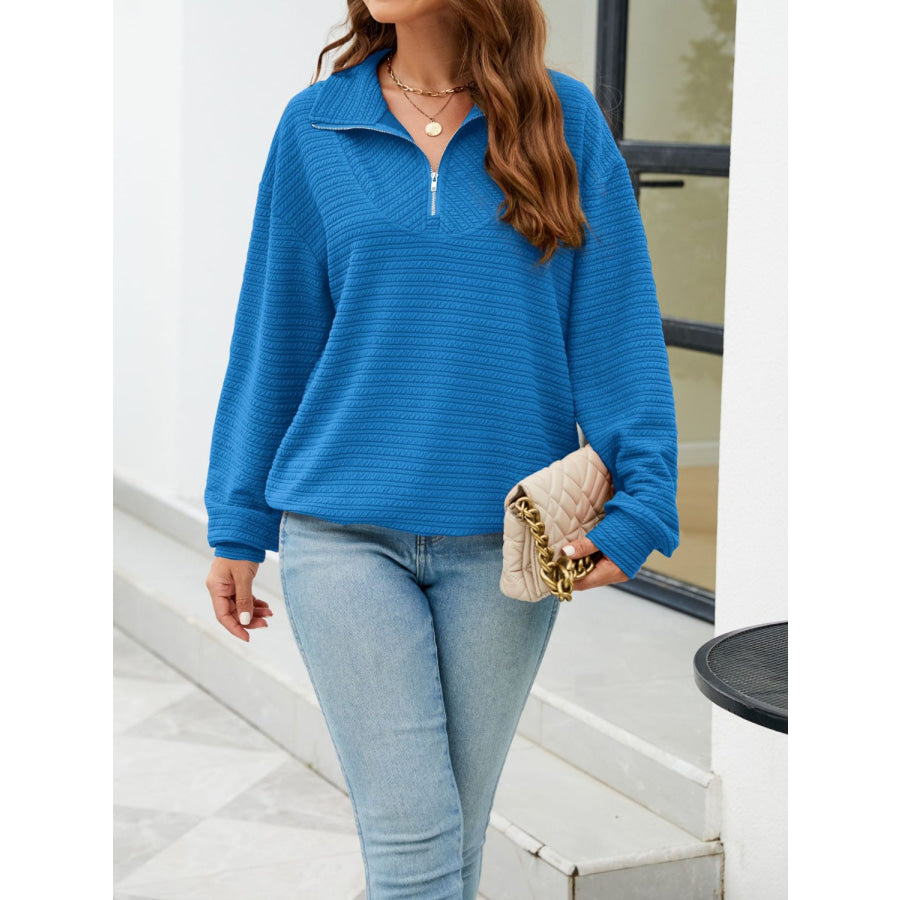 Textured Quarter Zip Long Sleeve Sweatshirt Royal Blue / S Apparel and Accessories