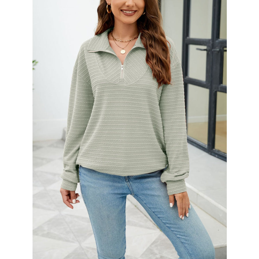 Textured Quarter Zip Long Sleeve Sweatshirt Sage / S Apparel and Accessories