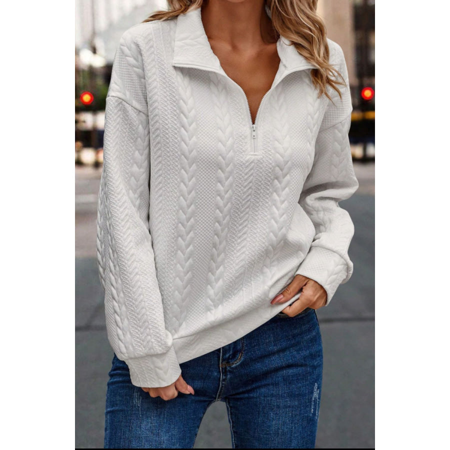 Textured Quarter Zip Long Sleeve Sweatshirt White / S Apparel and Accessories