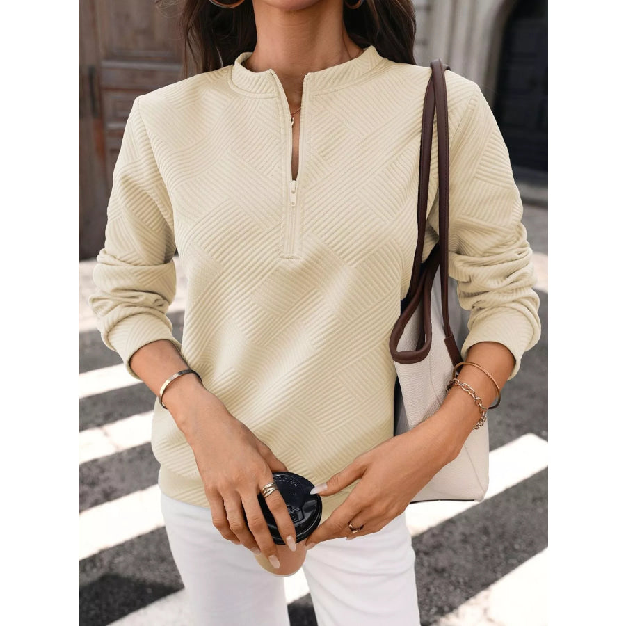Textured Quarter-Zip Sweatshirt Apricot / S Apparel and Accessories