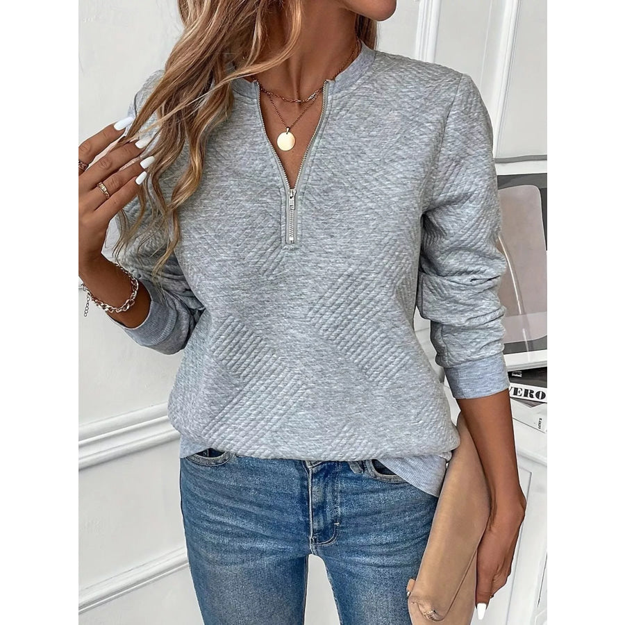 Textured Quarter-Zip Sweatshirt Gray / S Apparel and Accessories