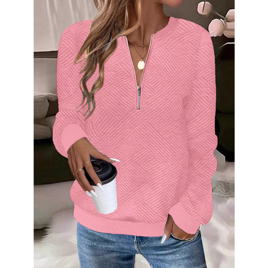 Textured Quarter-Zip Sweatshirt Pink / S Apparel and Accessories