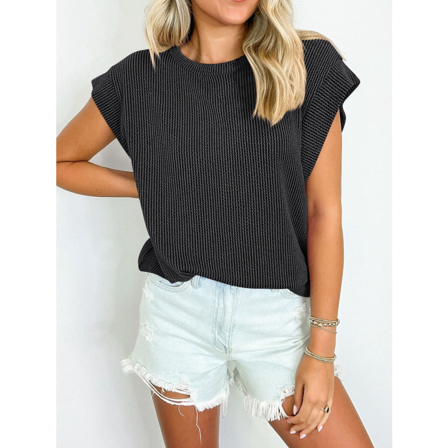 Textured Round Neck Cap Sleeve Blouse Apparel and Accessories